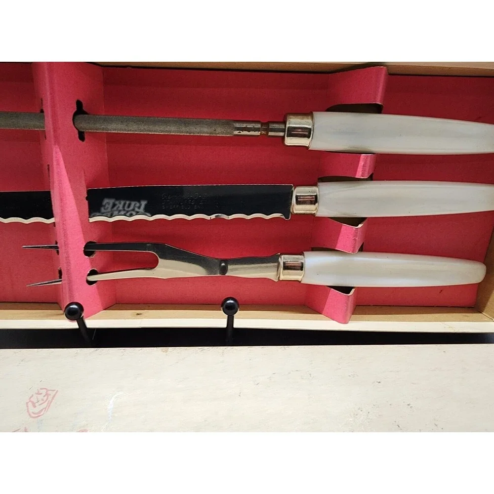 Vtg Regent Sheffield English Stainless 3 Piece Carving Set Box Pearline Bakelite